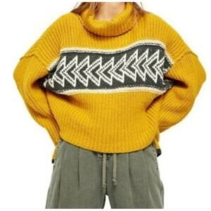 Free People Olivia Combo Arrow Style Knit Cowlneck Sweater Yellow Oversized | S
